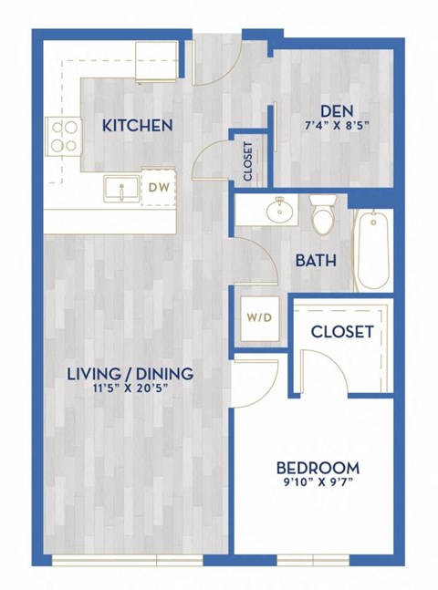 Floor plan for 1 bed, 1 bath, 732 sqft
